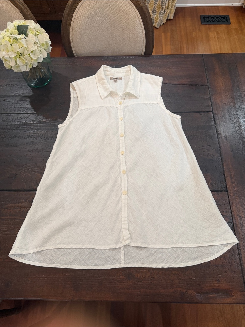 FLAX Linen Sleeveless Shirt Large White Button Up Coastal Grandma Blouse